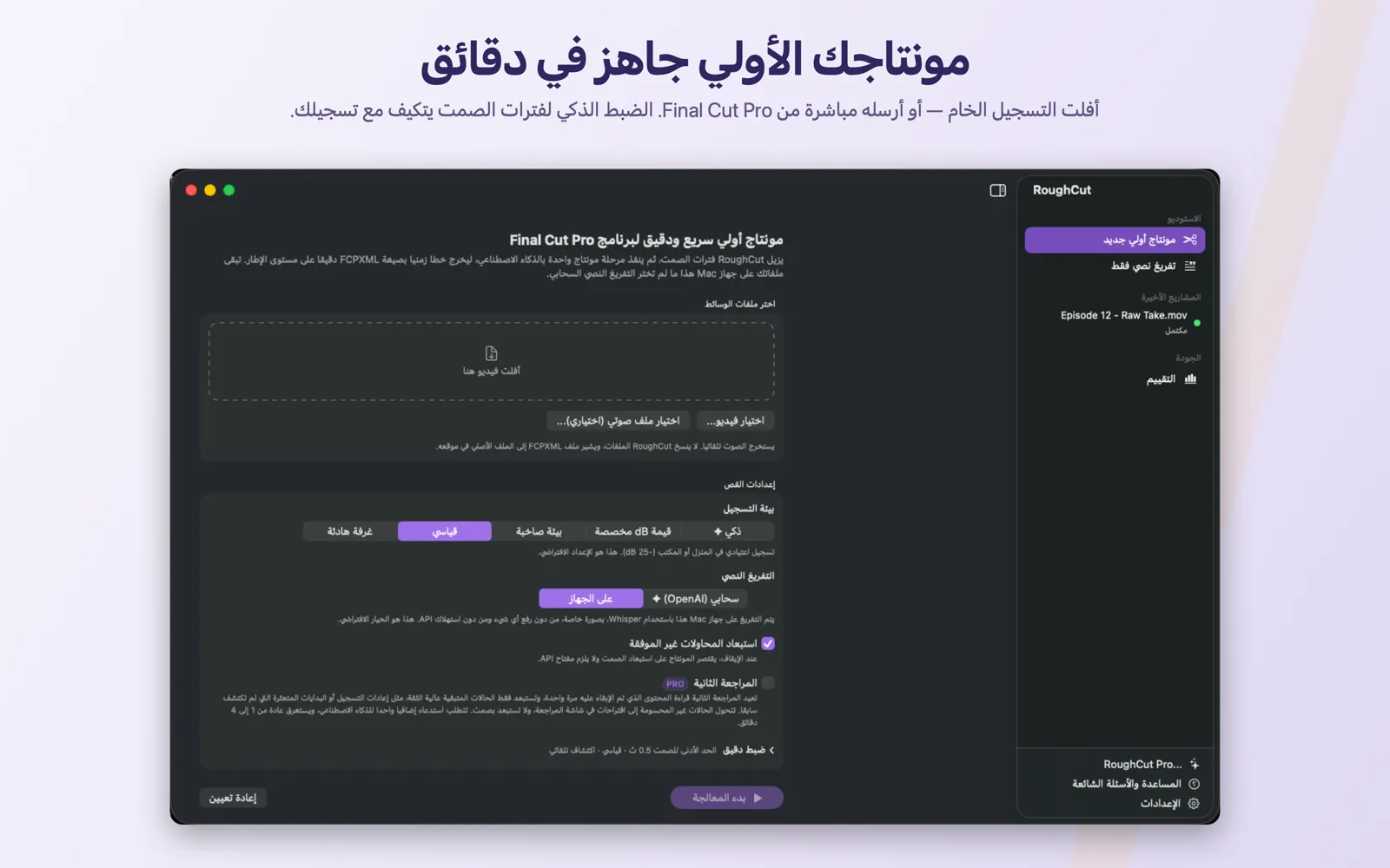 شاشة «مونتاج أولي جديد»، حيث يُبدأ المشروع ويبدأ معه عرض تقدّمه.