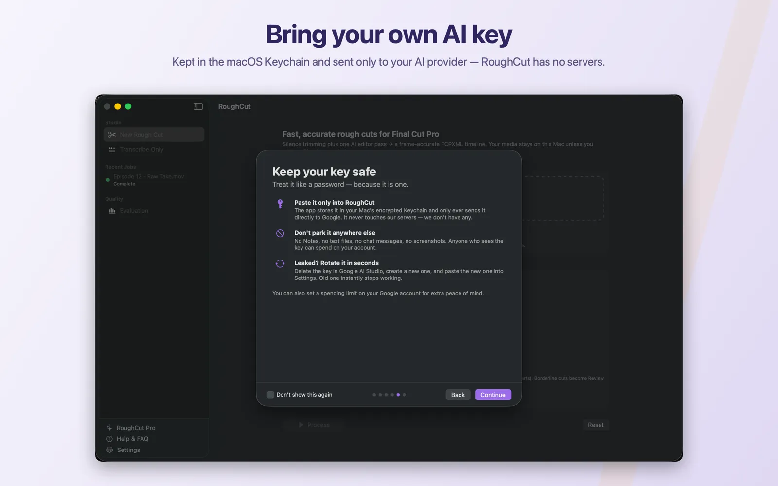 RoughCut's welcome tour page that walks through creating an AI key.