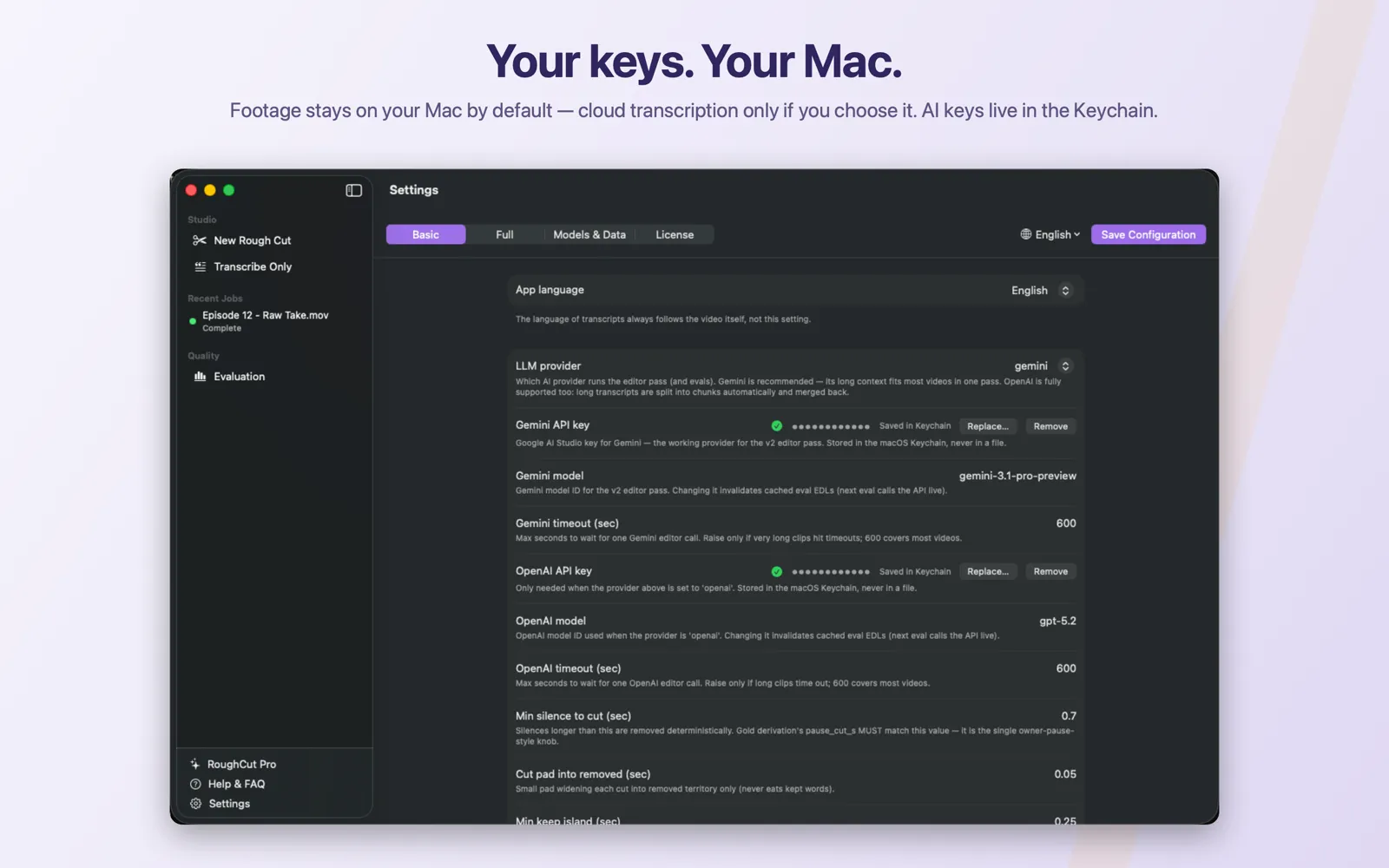 The RoughCut Settings window showing the tab picker, the language menu, and Save Configuration in the header.