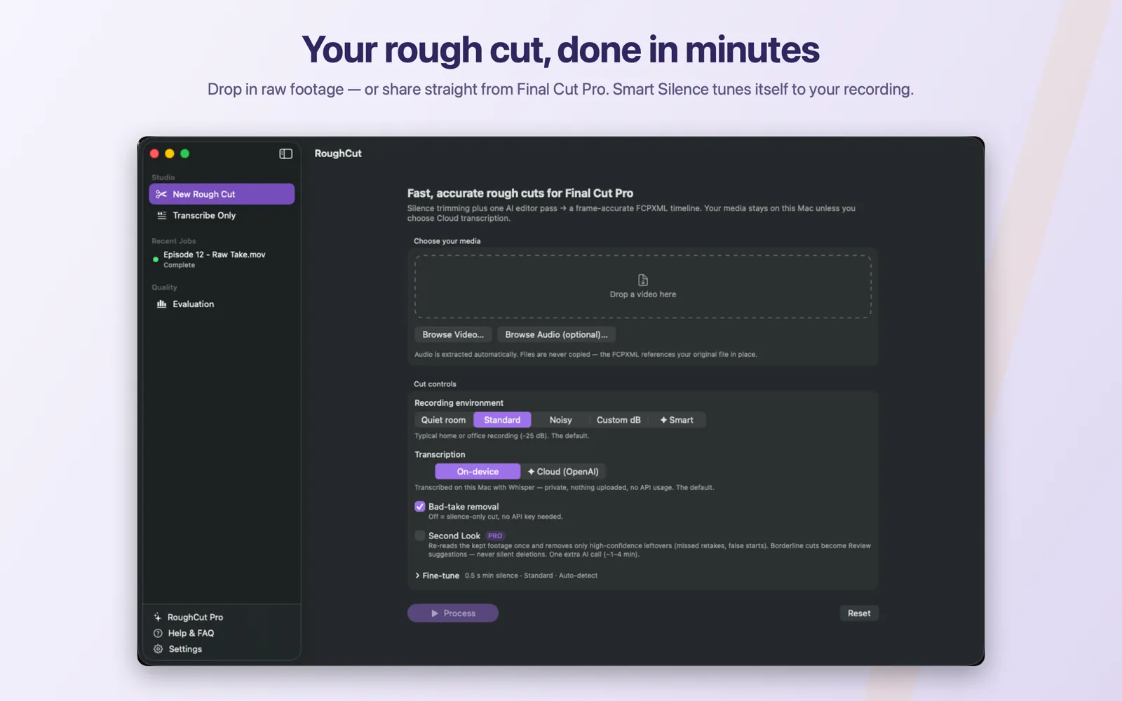 The RoughCut New Rough Cut screen with its media drop zone and cut controls.