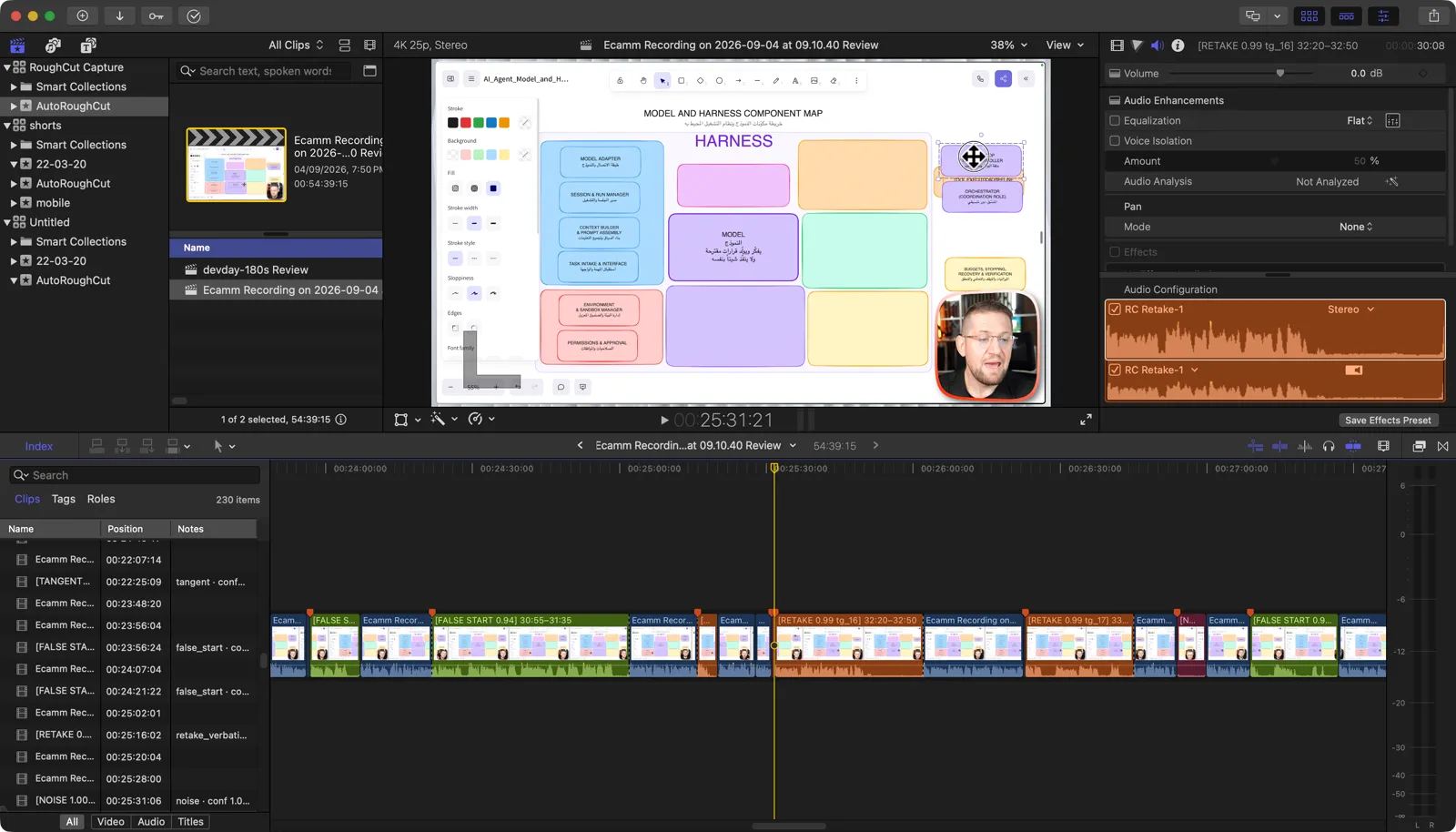An annotated RoughCut timeline in Final Cut Pro with color-coded decisions
