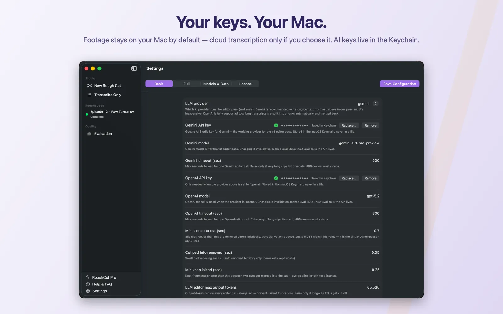 إعدادات RoughCut، وتعرض النماذج المحلية ومفاتيح API المحمية بواسطة Keychain في macOS